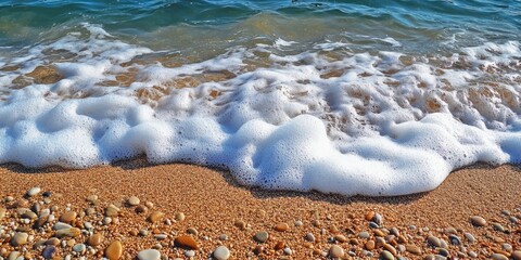 Poster - A foaming wave from the sea separates the sand on the seabed from the pebbles on the shore.