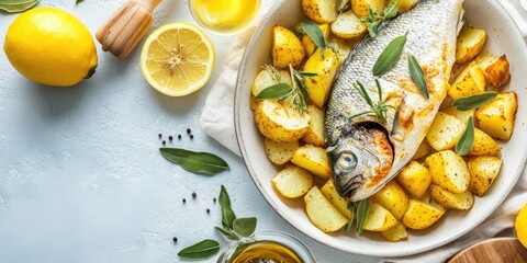 Aufkleber - Delicious lunch spread - dorado fish baked with potatoes, lemon, and sage on a light backdrop, top view.