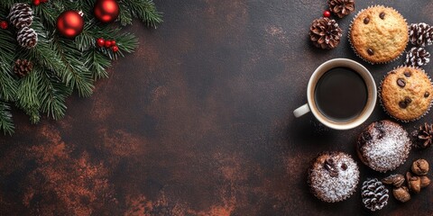Poster - Christmas greeting card featuring a Christmas tree, muffins, and coffee. Top view with space for your message.