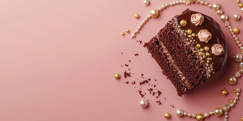 Poster - Horizontal mock-up featuring a chocolate cake, pearls, and golden-colored accents. A feminine and stylish branding concept.