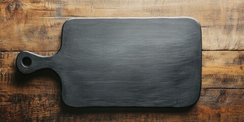 Poster - top view of a black cutting board on a brown table