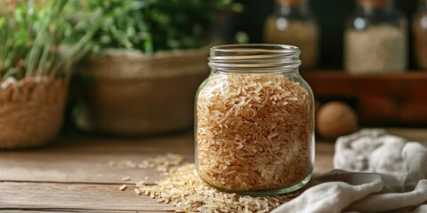 Poster - Brown rice in a glass jar on a table. Area for text.