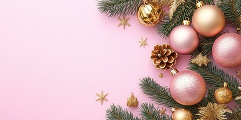 Poster - Pink Christmas featuring golden decorations. New Year card mockup.