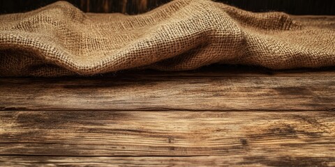 Poster - Burlap texture against a wooden table backdrop