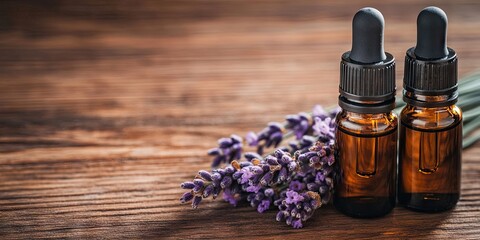 Poster - Bottles of essential oil alongside lavender flowers on a wooden table. Room for text.