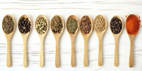 Poster - Decorative semicircle of various spices in bamboo spoons on a white wooden background, top view, close-up.