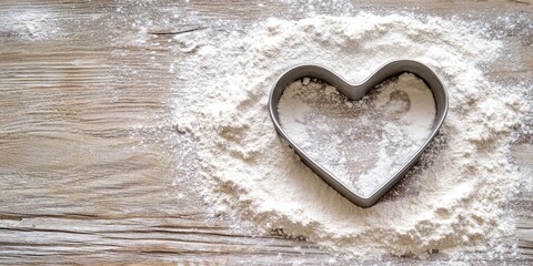 Aufkleber - Heart-shaped cookie cutter on the kitchen table with flour. Flat lay. Copy space.