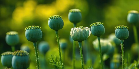 Sticker - Green poppies in the garden against a bright green backdrop. Green poppy capsules. Close-up of ripe poppies. Macro nature. Beautiful poppy seeds. Green poppy heads.