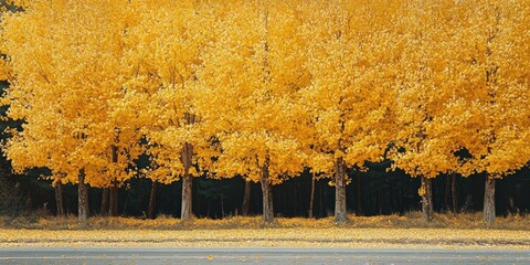 Poster - Yellow poplars by the roadside. Leaves falling.