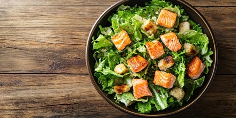 Poster - Caesar salad topped with salmon. Viewed from above. Set against a wooden background. Copy space.