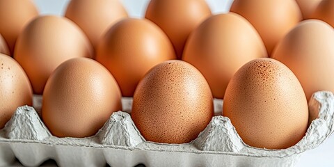 Poster - Close-up of chicken eggs in a paper egg tray on a white background.