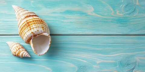 Fototapete - Top view of a sea shell on light blue wooden texture for a summer vacation background.