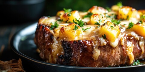 Poster - Delicious pork roast topped with cheese and pineapple. Copy space