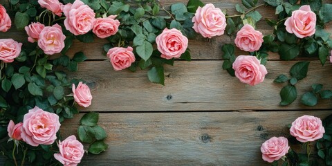 Aufkleber - Lovely pink roses on a wooden backdrop/ romantic holiday background. Copy space, top view. Postcard, greeting card mockup.