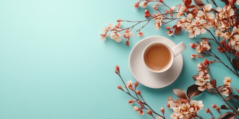 Poster - Coffee and flowers against a solid color background.