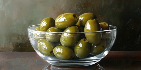 Poster - Green olives from a can in a glass bowl.