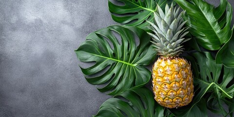 Poster - Top view of a fresh pineapple accompanied by tropical monstera leaves on a gray background.