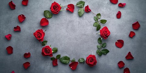 Poster - Red rose flowers, petals, and leaves arranged in a circular frame on a gray textured background. Flat lay, top view.