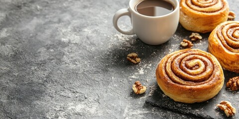 Aufkleber - Freshly baked cinnamon and nut rolls accompanied by a cup of coffee for breakfast on a gray cement backdrop. Copyspace. Bakery items.