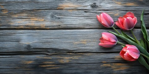 Leinwandbilder - Spring tulip flowers on a weathered wooden background