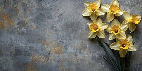 Sticker - Yellow Narcissus flowers on a gray textured background with copyspace.