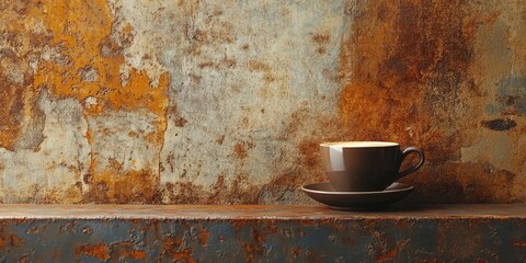 Poster - A cup of fresh coffee on a rusty metal wall with copyspace.