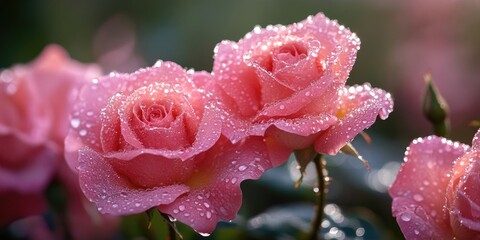 Aufkleber - Close-up view of pink roses adorned with dew, in a public garden in Christchurch, New Zealand.