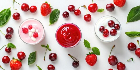 Poster - Flat lay of delightful desserts featuring strawberries and sweet cherry smoothies, curd, and yogurt on a white background. Top view.