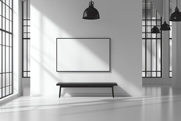 Poster - Blank frame mockup in minimalist white room with large windows and black bench.
