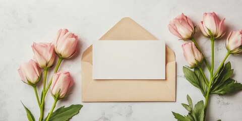 Poster - Envelope with a blank card and flowers on a light backdrop.