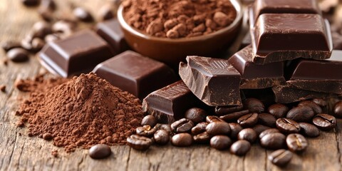 Poster - An assortment of chocolate pieces, coffee beans, and cocoa powder on a wooden surface.