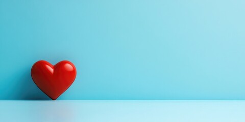 Poster - Red love heart idea. Blue backdrop. Congratulatory card. Copyspace. Empty space for text.