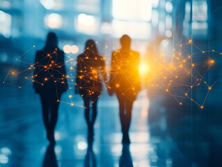 Fototapete - Blurred silhouettes of three women walking, overlaid with a network of glowing connections.