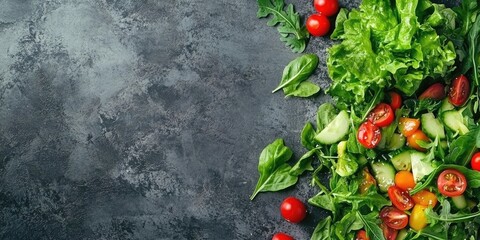 Poster - Fresh spring vegetable salad, dark concrete backdrop copyspace