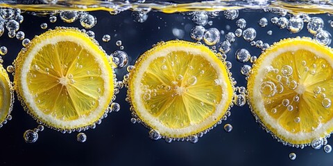 Poster - A collection of lemon slices immersed in water with bubbles.