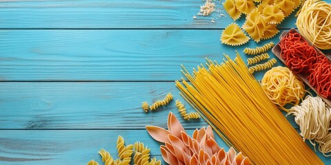 Poster - Collage. Italian cuisine, collection of pasta, noodles, and spaghetti. Set against a blue wooden backdrop. Top view. Copy space.