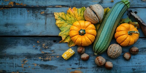 Poster - Autumn background. Arrangement of pumpkin, zucchini, and corn on a yellow and green leaf, accompanied by chestnuts and walnuts on aged wooden boards. Copyspace for text.