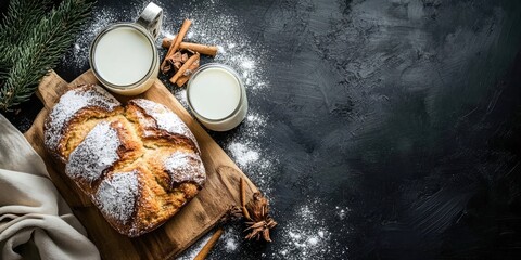 Aufkleber - Delicious baked good with milk on a dark background. Copyspace