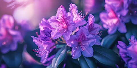 Sticker - Beautiful purple flowers of Rhododendron ponticum, known as common rhododendron or pontic rhododendron. Close-up.