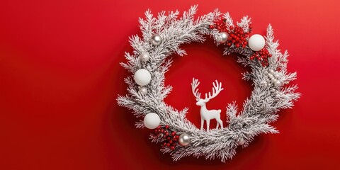 Poster - Christmas wreath featuring white pine branches, white reindeer, and ball decorations against a red background. Creative copyspace layout. Flat lay backdrop.