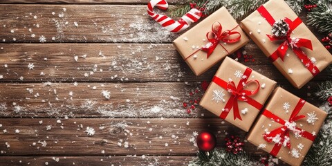 Aufkleber - Christmas gift boxes, snow, and ribbons on a wooden surface. Lovely gift presents. Top view.