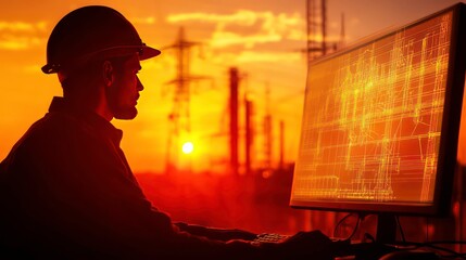 Poster - Silhouette of an engineer in a hardhat working on a computer with a sunset background.