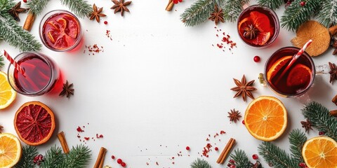 Aufkleber - Christmas food backdrop - mulled wine. Ornamental border of spices and drinks on a white wooden board. Top view. Preparation of the beverage.