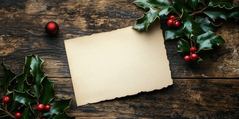 Poster - Image of a blank Christmas card and holly leaves on a vintage wooden table. Warm natural light.