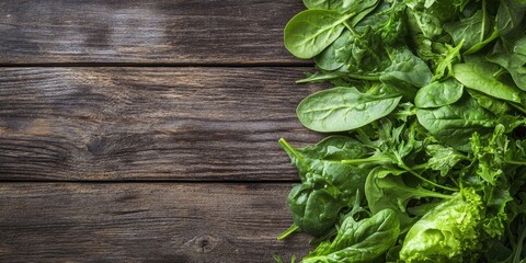 Canvas Print - Fresh green salad featuring spinach, arugula, and lettuce on a wooden table with copy space.