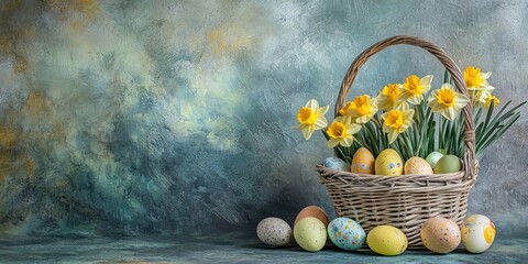 Aufkleber - Spring Easter backdrop featuring daffodils and Easter eggs in a basket.