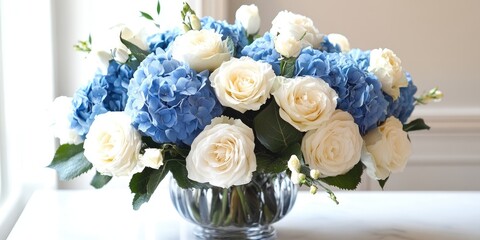 Aufkleber - Blue hydrangea and white rose arrangement.