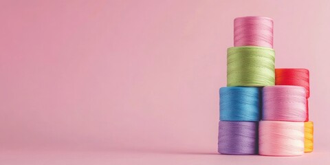 Poster - Multi-colored spools of sewing thread on a pink backdrop. Copyspace for text. Horizontal layout.