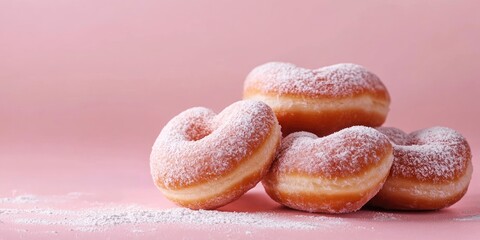 Poster - Homemade heart-shaped donuts dusted with powdered sugar against a pink backdrop. Delicious doughnuts on an adorable pastel pink background.