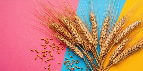 Poster - Close-up of a sheaf of wheat ears and seeds on a colorful background. Represents natural cereal plants and the harvest season. Top view, flat lay with copy space. Global wheat crisis.